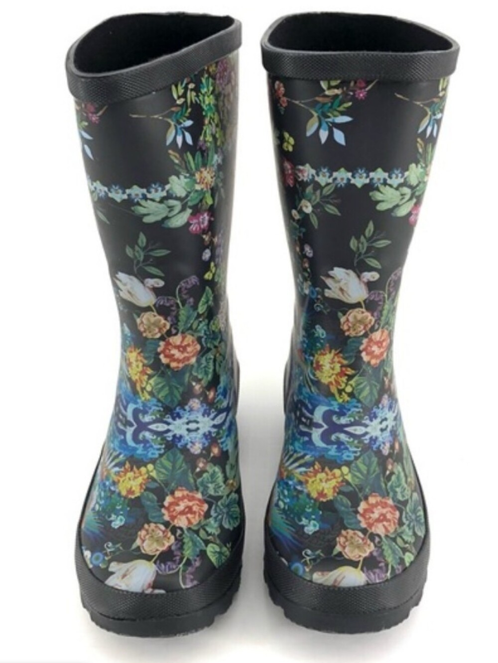 Johnny Was Black Floral Rain Boots